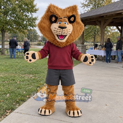 Brown Lion Mascot Costume with Burgundy Sweatshirt Brown Lion Mascot Costume with Burgundy Sweatshirt
