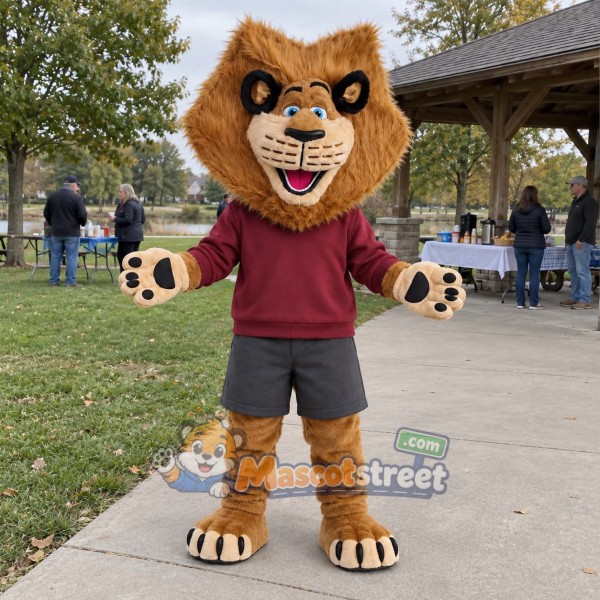 Brown Lion Mascot Costume with Burgundy Sweatshirt