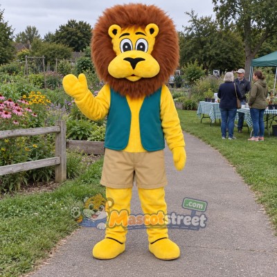 Yellow Lion Mascot Costume with Teal Vest Yellow Lion Mascot Costume with Teal Vest