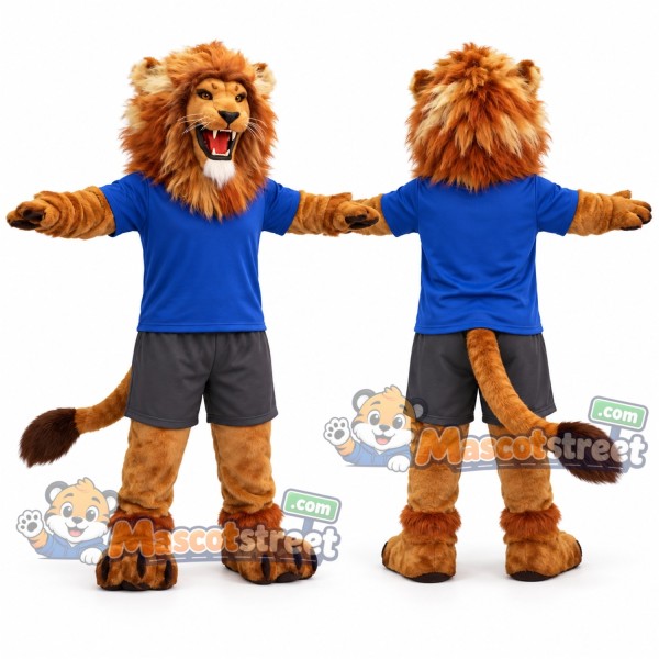 Brown Lion Mascot Costume with Blue Shirt