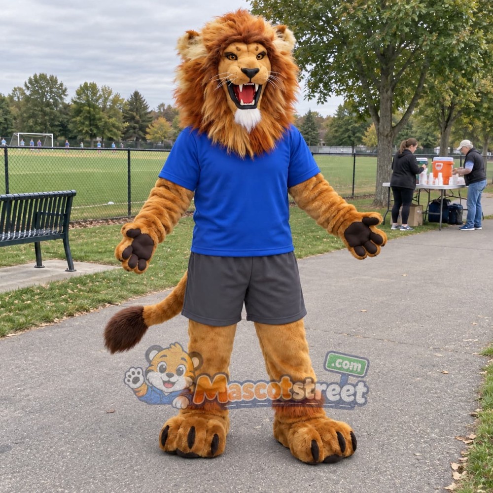 Brown Lion Mascot Costume with Blue Shirt Brown Lion Mascot Costume with Blue Shirt
