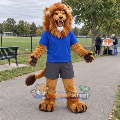 Brown Lion Mascot Costume with Blue Shirt Brown Lion Mascot Costume with Blue Shirt