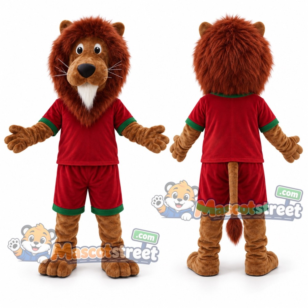 Brown Lion Mascot Costume with Red Sports Uniform