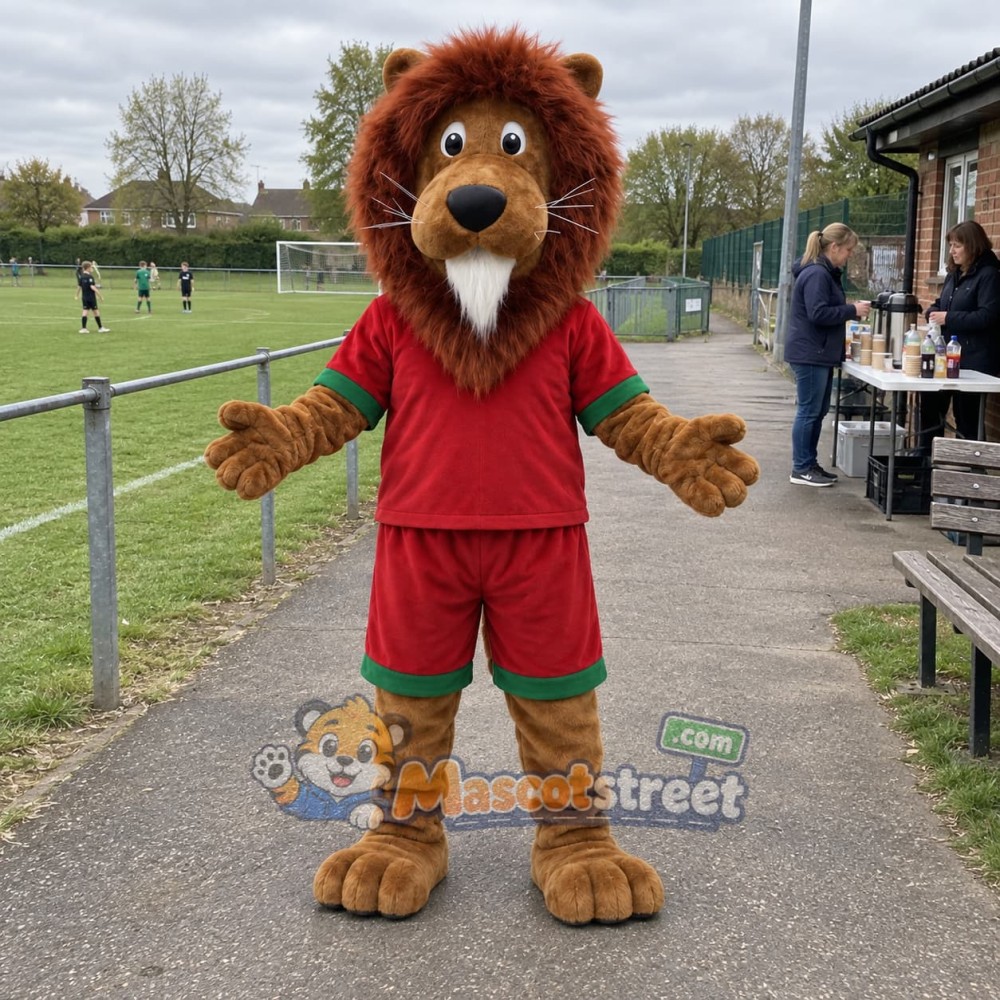 Brown Lion Mascot Costume with Red Sports Uniform