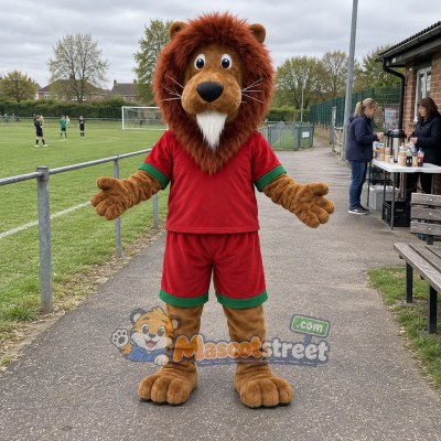 Brown Lion Mascot Costume with Red Sports Uniform