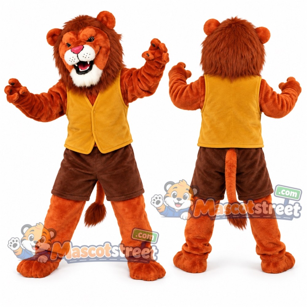 Orange Lion Mascot Costume with Yellow Vest