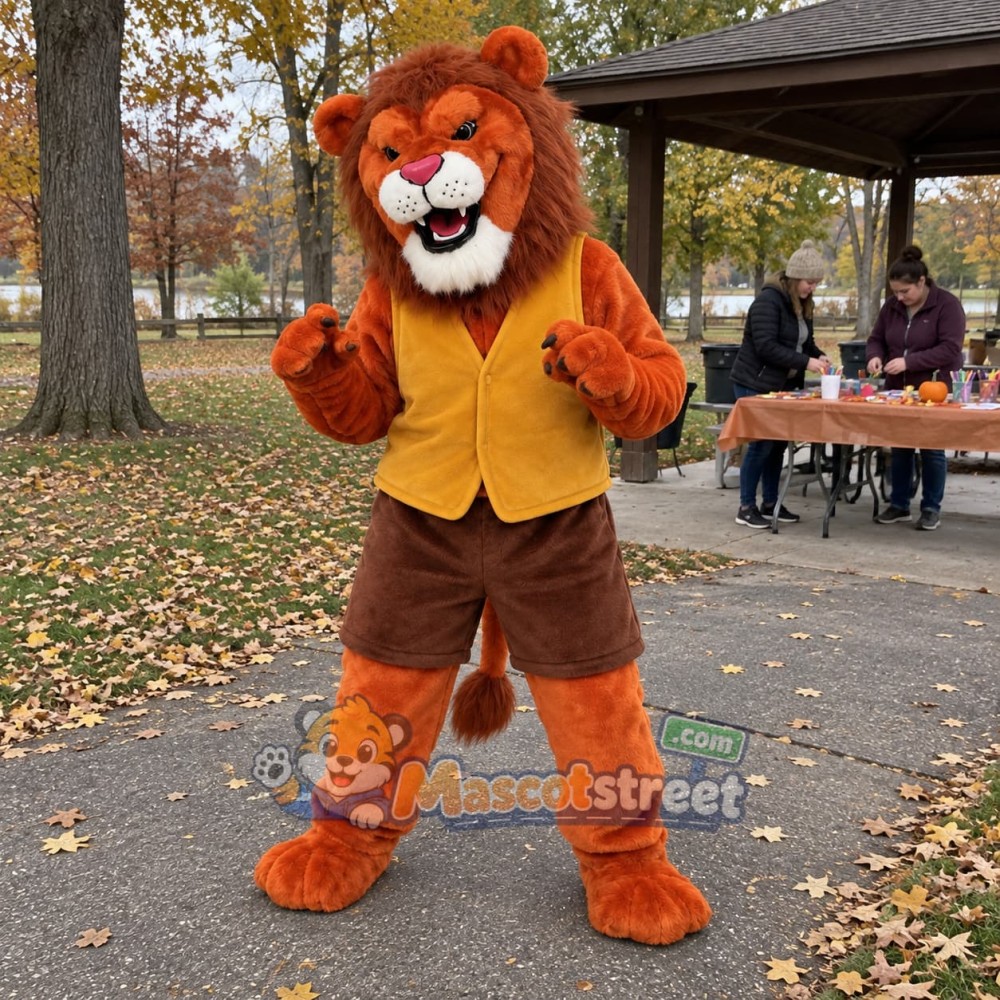 Orange Lion Mascot Costume with Yellow Vest