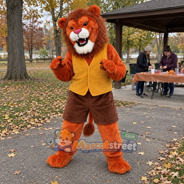 Orange Lion Mascot Costume with Yellow Vest