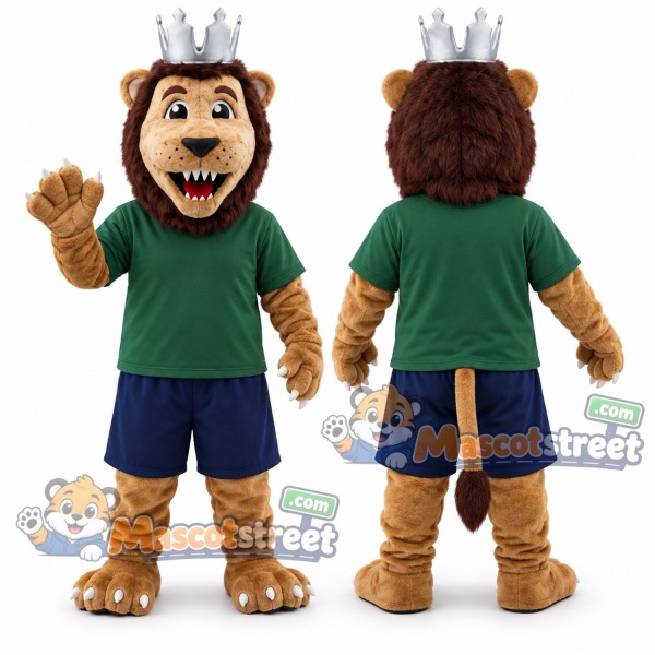 Brown Lion King Mascot Costume with Green Shirt and Crown