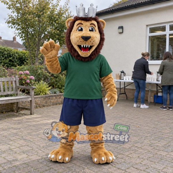 Brown Lion King Mascot Costume with Green Shirt and Crown