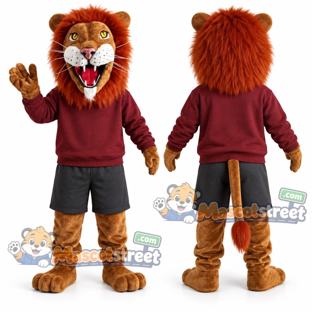 Brown Lion Mascot Costume with Burgundy Sweatshirt Brown Lion Mascot Costume with Burgundy Sweatshirt
