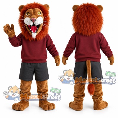 Brown Lion Mascot Costume with Burgundy Sweatshirt Brown Lion Mascot Costume with Burgundy Sweatshirt