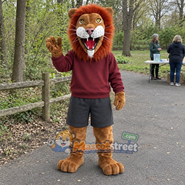 Brown Lion Mascot Costume with Burgundy Sweatshirt