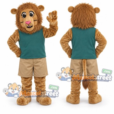 Tan Lion Mascot Costume with Teal Vest