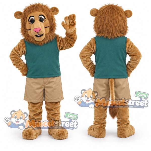 Tan Lion Mascot Costume with Teal Vest
