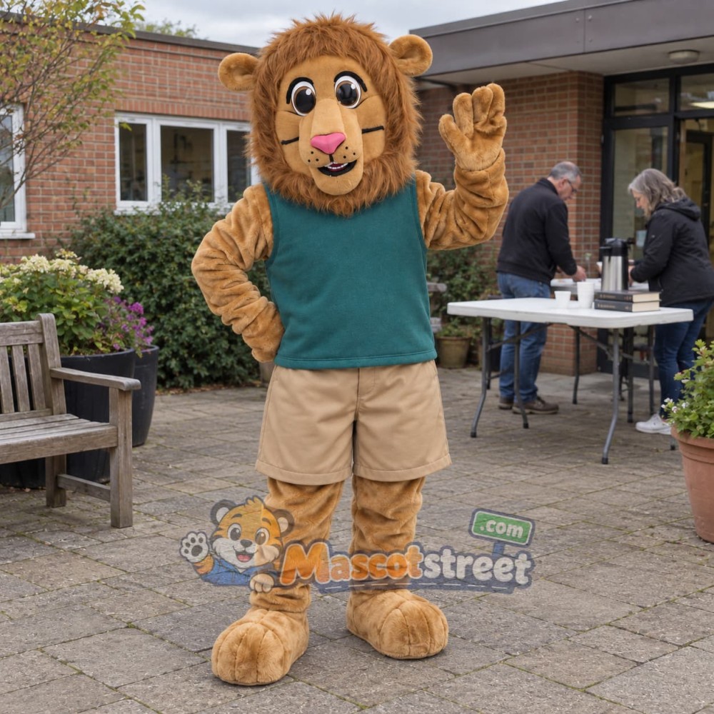 Tan Lion Mascot Costume with Teal Vest