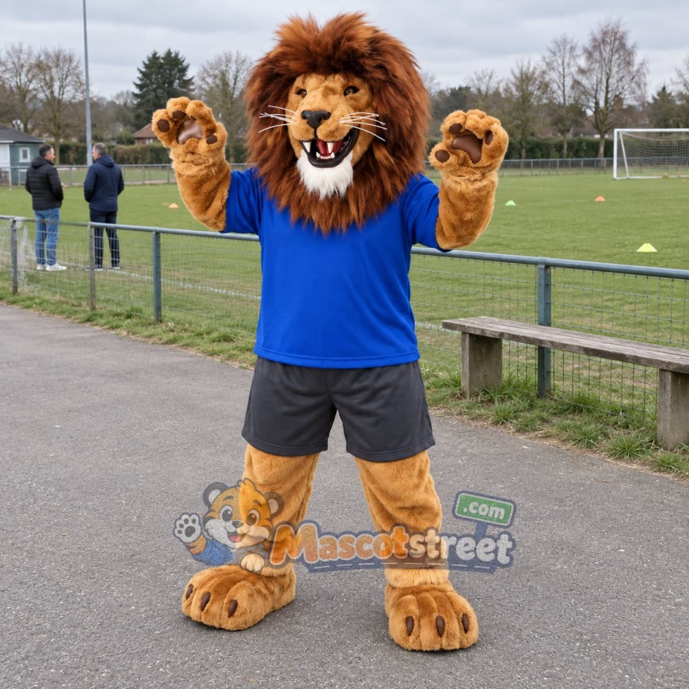 Brown Lion Mascot Costume with Blue Shirt Brown Lion Mascot Costume with Blue Shirt