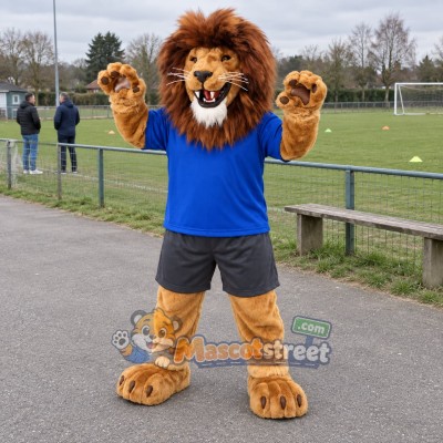 Brown Lion Mascot Costume with Blue Shirt Brown Lion Mascot Costume with Blue Shirt