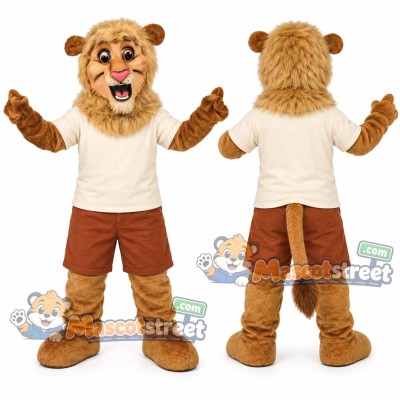 Tan Lion Mascot Costume with Cream Shirt Tan Lion Mascot Costume with Cream Shirt