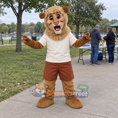 Tan Lion Mascot Costume with Cream Shirt Tan Lion Mascot Costume with Cream Shirt