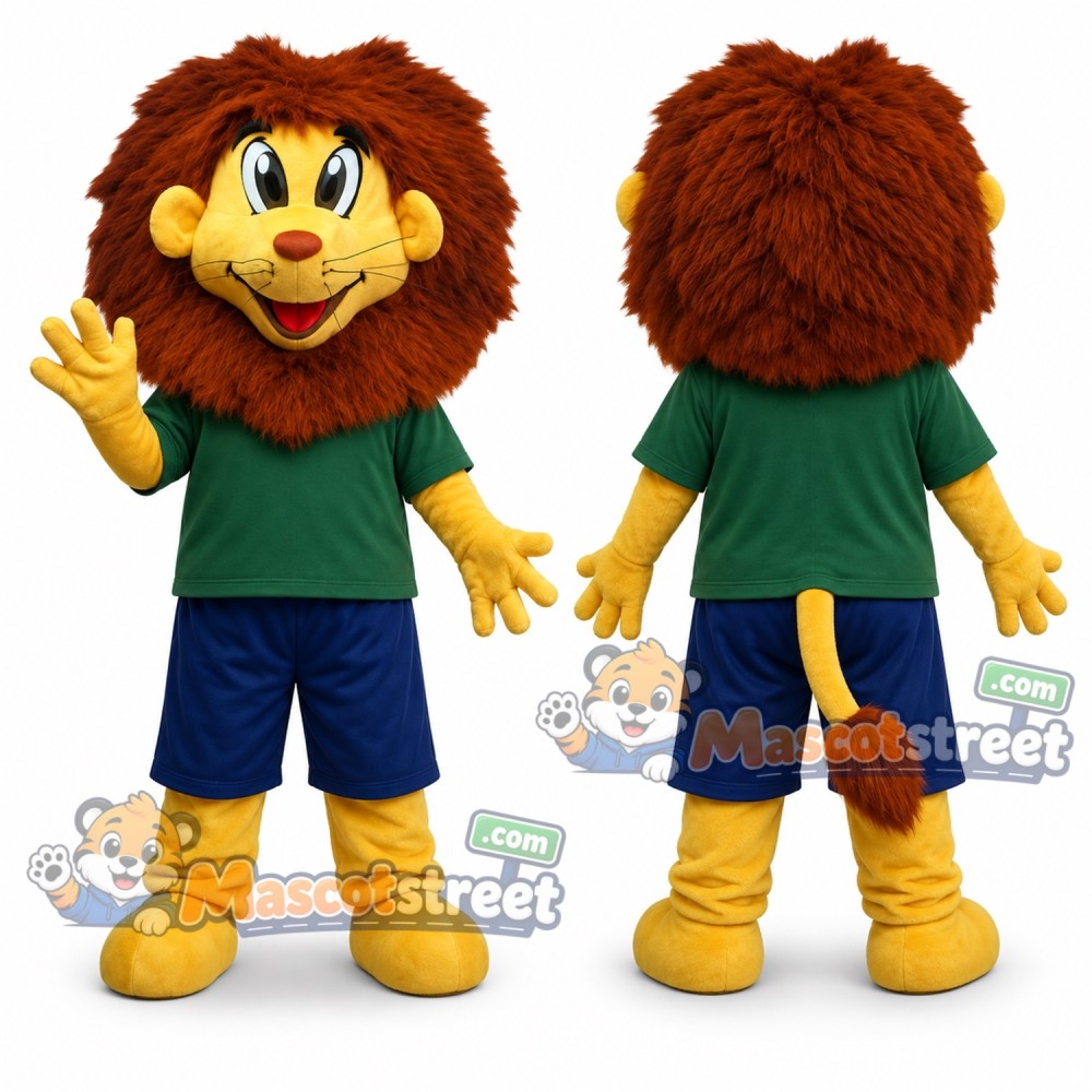 Yellow Lion Mascot Costume with Green Shirt