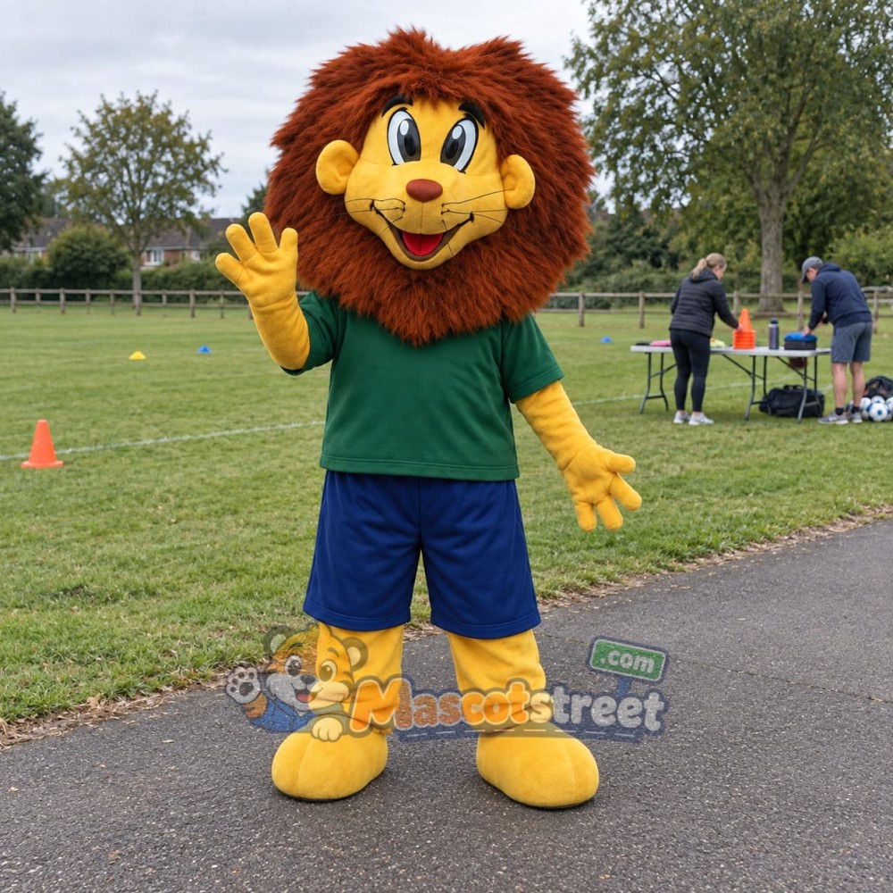 Yellow Lion Mascot Costume with Green Shirt