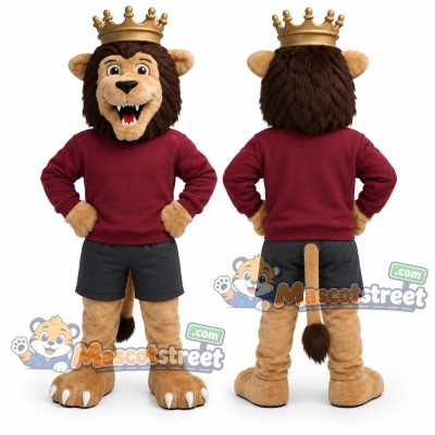 Brown Lion King Mascot Costume with Burgundy Sweatshirt and Crown Brown Lion King Mascot Costume with Burgundy Sweatshirt and Crown