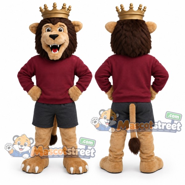 Brown Lion King Mascot Costume with Burgundy Sweatshirt and Crown