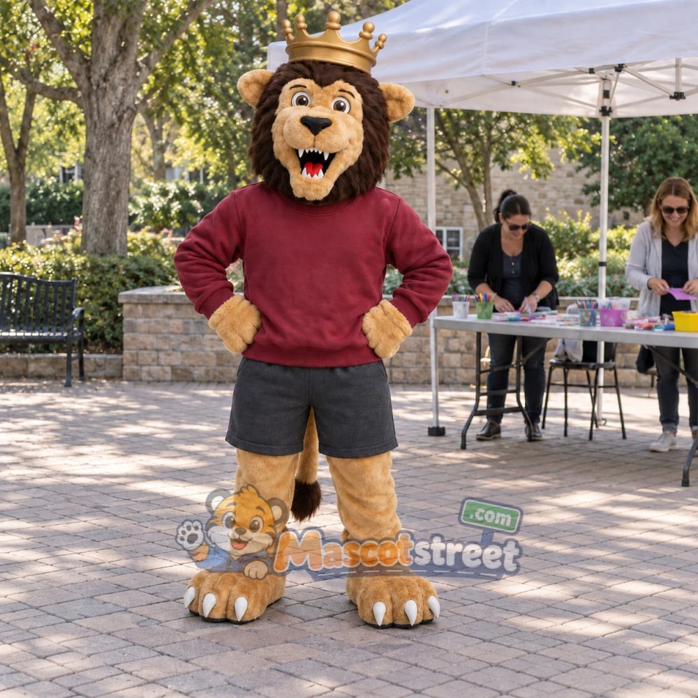 Brown Lion King Mascot Costume with Burgundy Sweatshirt and Crown Brown Lion King Mascot Costume with Burgundy Sweatshirt and Crown