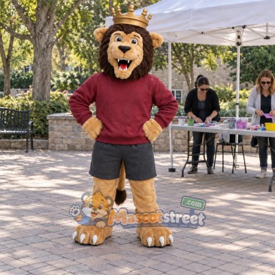 Brown Lion King Mascot Costume with Burgundy Sweatshirt and Crown Brown Lion King Mascot Costume with Burgundy Sweatshirt and Crown
