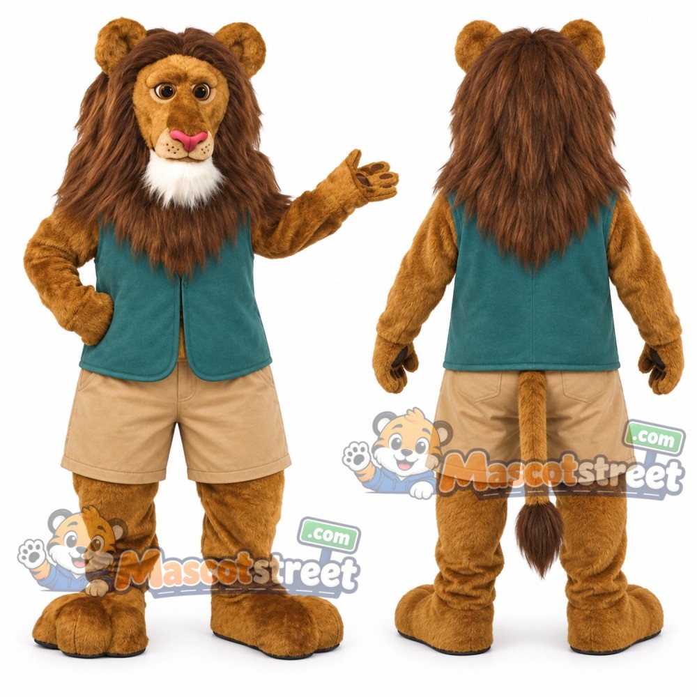Golden Lion Mascot Costume with Teal Vest