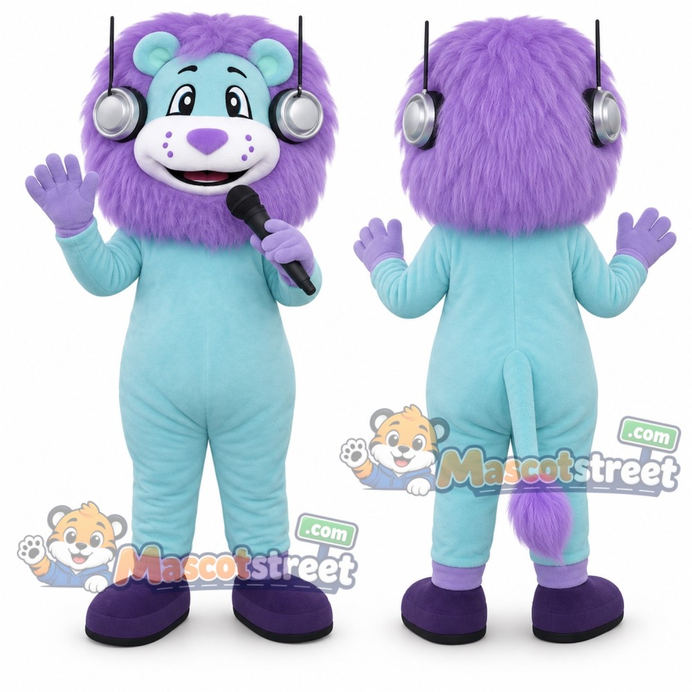 Purple Lion Mascot Costume with Aqua Overalls and Headphones Purple Lion Mascot Costume with Aqua Overalls and Headphones