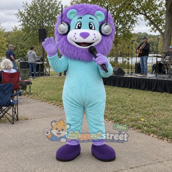 Purple Lion Mascot Costume with Aqua Overalls and Headphones
