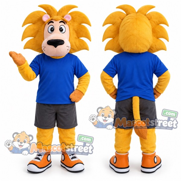 Yellow Lion Mascot Costume with Blue Shirt