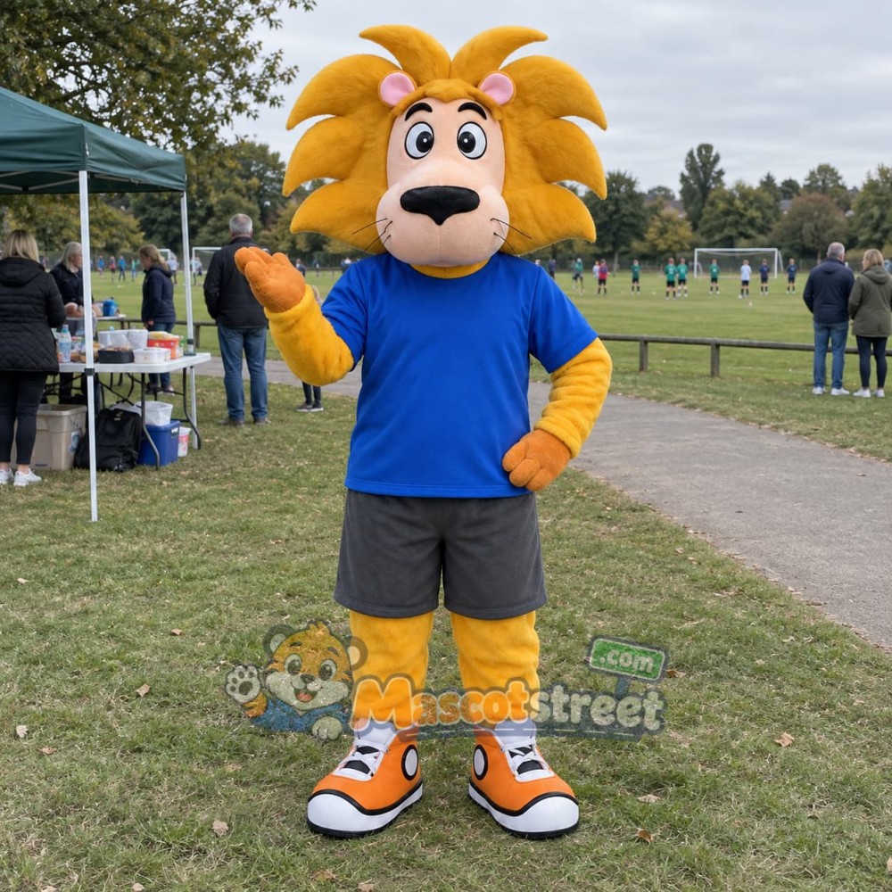 Yellow Lion Mascot Costume with Blue Shirt Yellow Lion Mascot Costume with Blue Shirt
