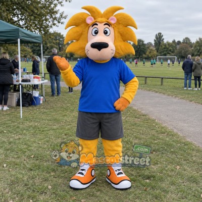 Yellow Lion Mascot Costume with Blue Shirt Yellow Lion Mascot Costume with Blue Shirt