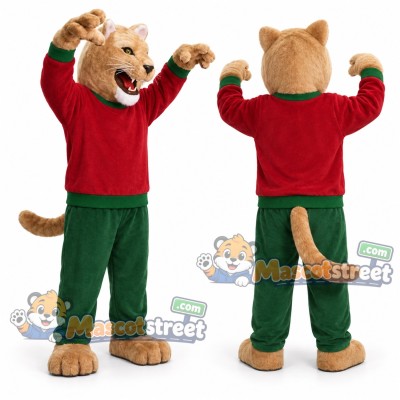 Tan Lion Mascot Costume with Red Shirt and Green Pants
