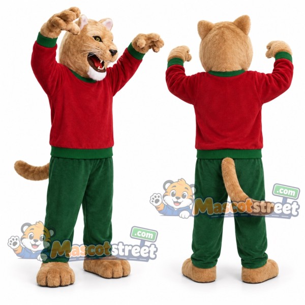Tan Lion Mascot Costume with Red Shirt and Green Pants