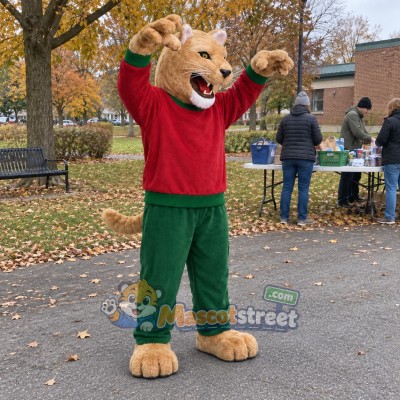 Tan Lion Mascot Costume with Red Shirt and Green Pants