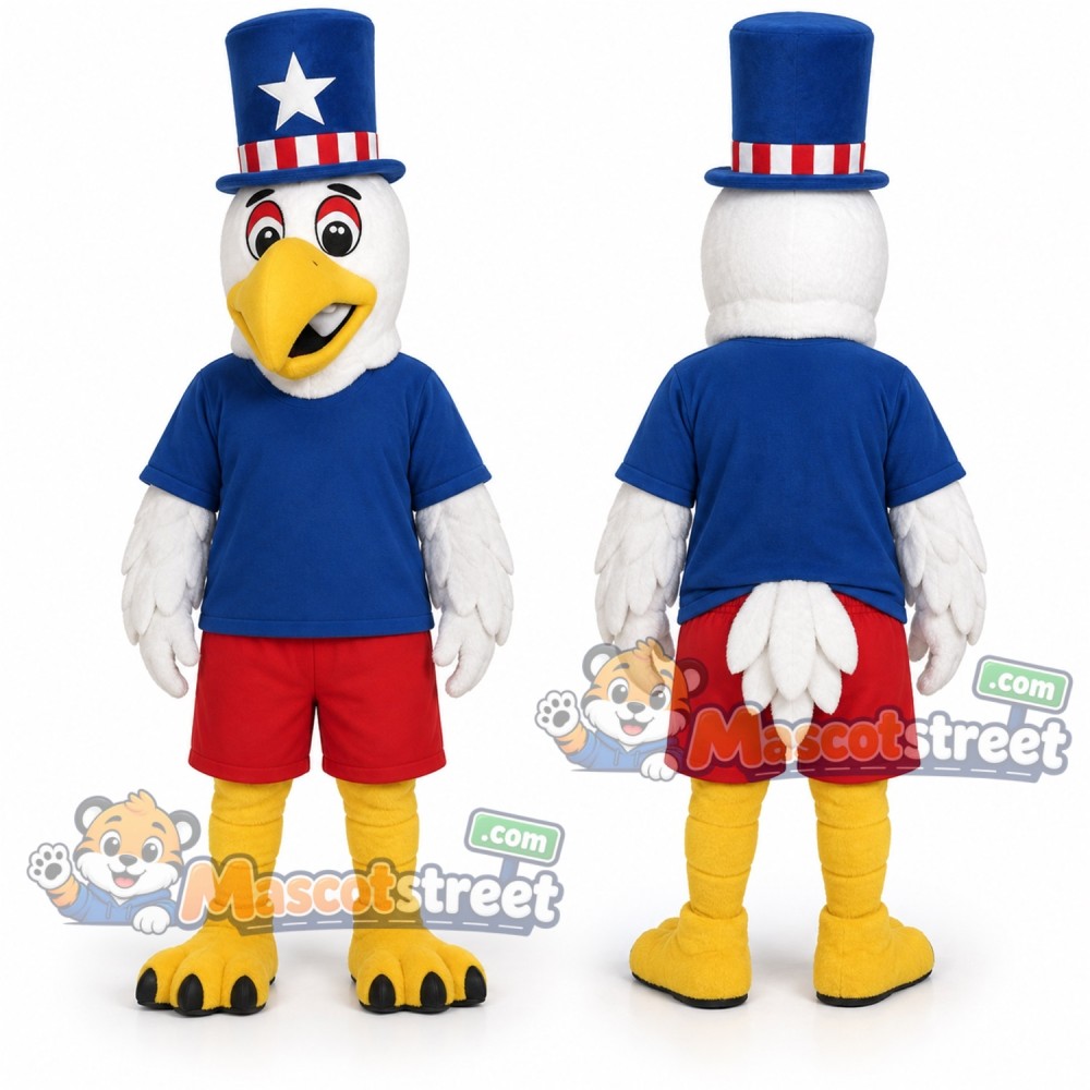 Patriotic Eagle Mascot Costume with Blue Shirt and Stars and Stripes Hat Patriotic Eagle Mascot Costume with Blue Shirt and Stars and Stripes Hat