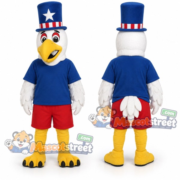 Patriotic Eagle Mascot Costume with Blue Shirt and Stars and Stripes Hat