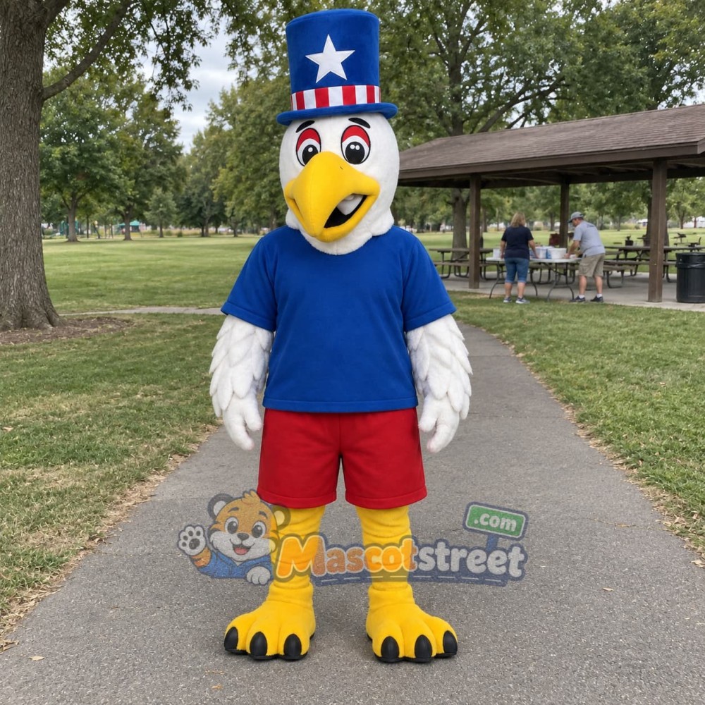 Patriotic Eagle Mascot Costume with Blue Shirt and Stars and Stripes Hat Patriotic Eagle Mascot Costume with Blue Shirt and Stars and Stripes Hat