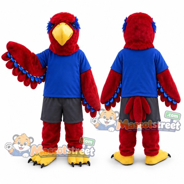 Red Bird Mascot Costume with Blue Shirt