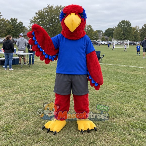 Red Bird Mascot Costume with Blue Shirt