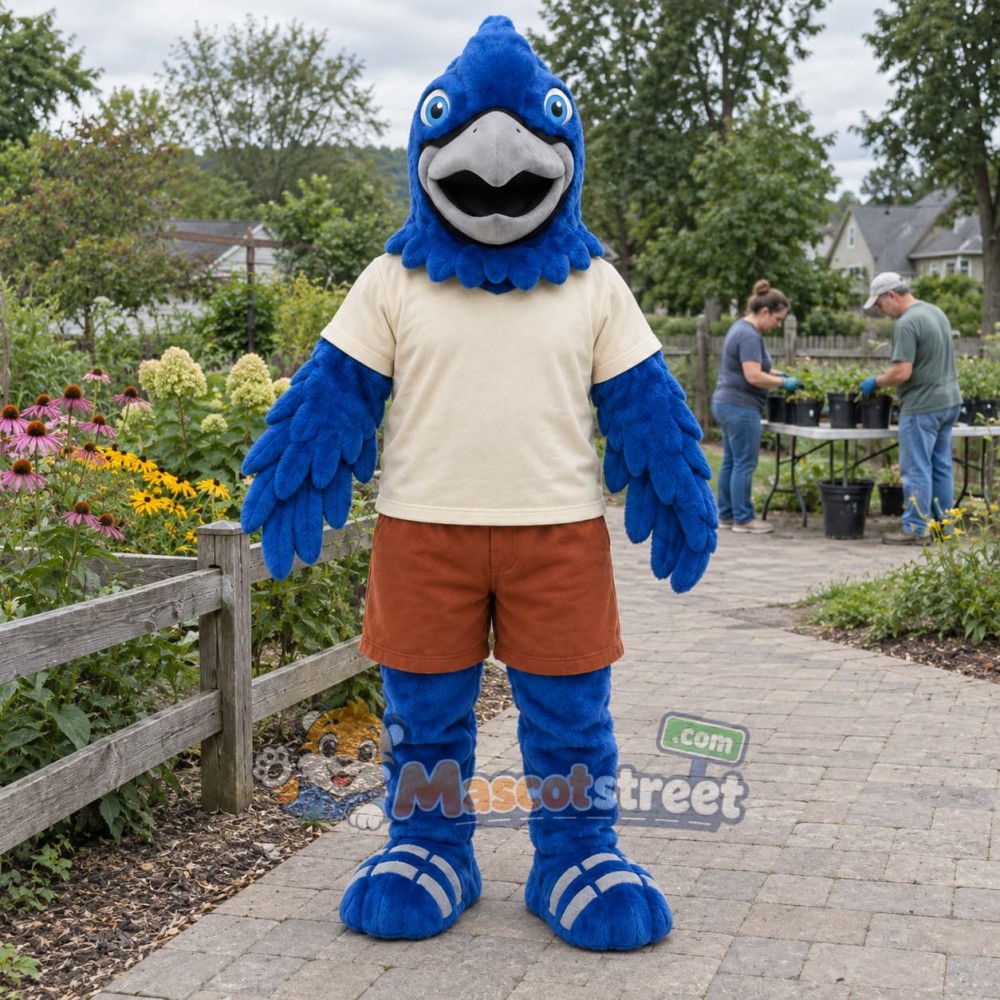 Blue Bird Mascot Costume with Cream Shirt Blue Bird Mascot Costume with Cream Shirt