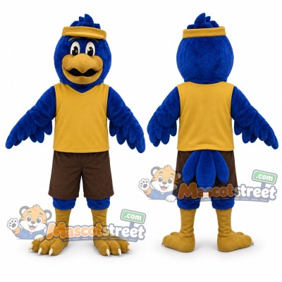 Blue Hawk Mascot Costume with Yellow Vest and Hat