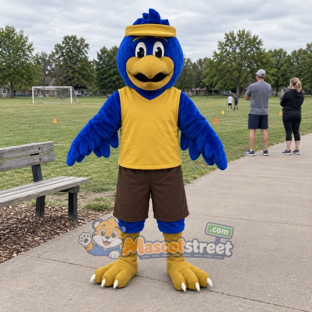 Blue Hawk Mascot Costume with Yellow Vest and Hat