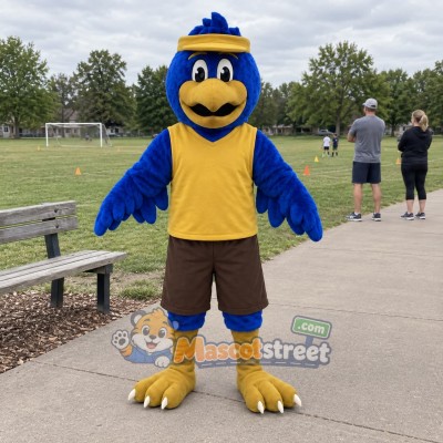 Blue Hawk Mascot Costume with Yellow Vest and Hat
