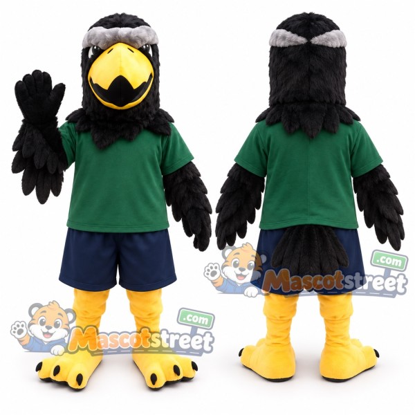 Black Eagle Mascot Costume with Green Shirt
