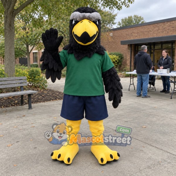 Black Eagle Mascot Costume with Green Shirt